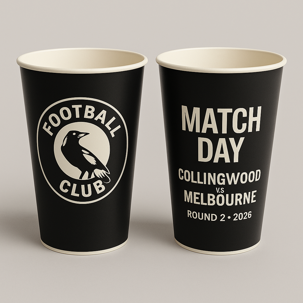Two collectible cups: left Phase 1 club design (2026), right Phase 2 game edition (vs Brisbane)